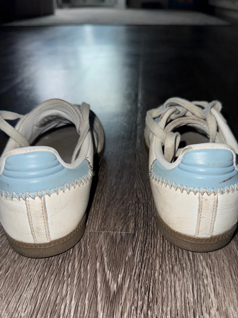 Adidas Boys White Sambas with Light Blue Stripes